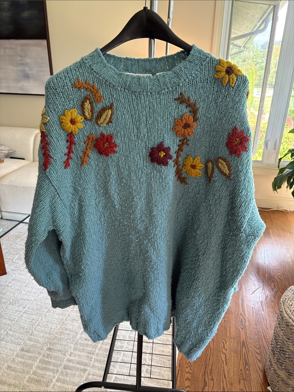 Teal Floral Embroidered Crewneck Sweater